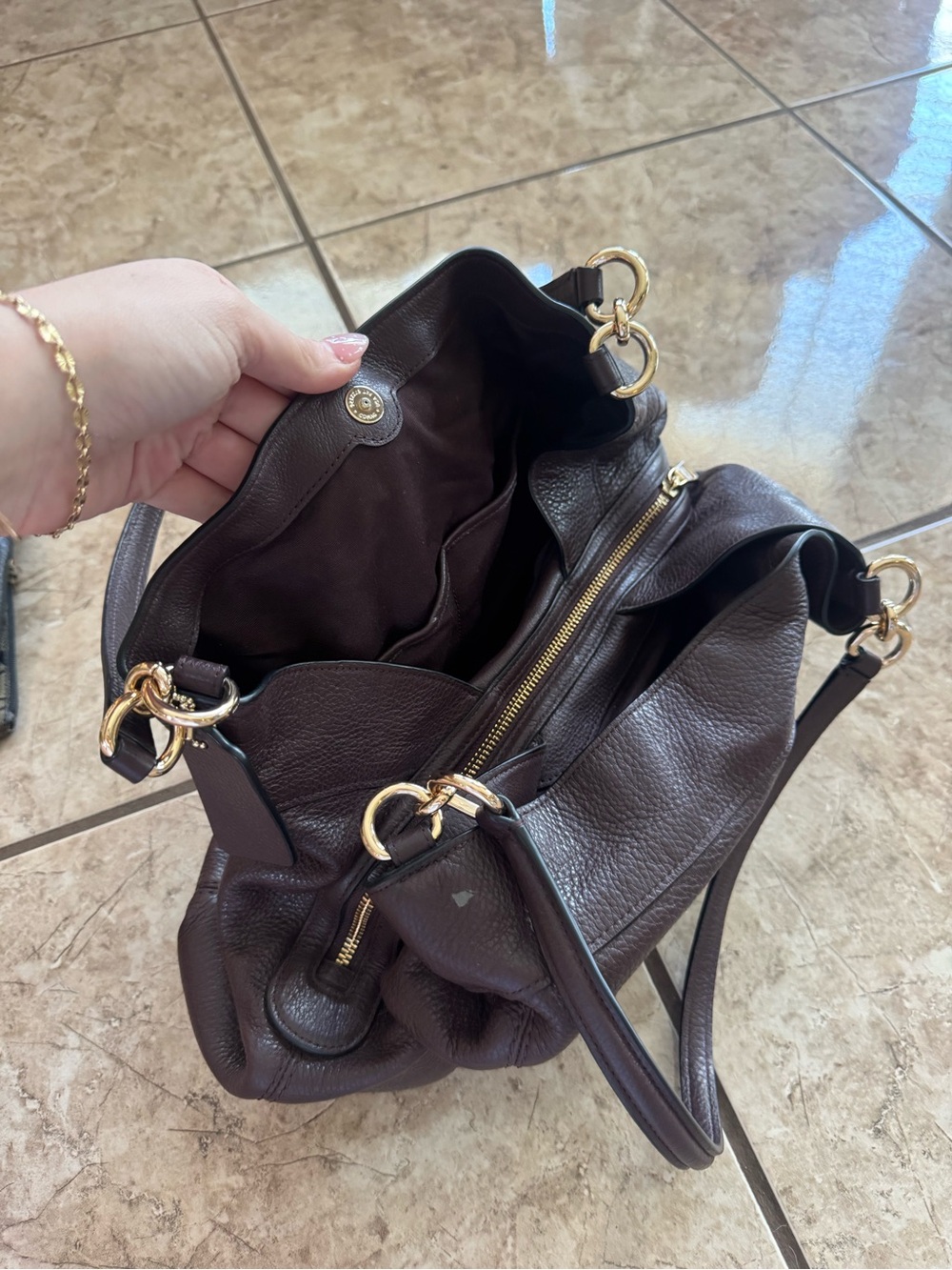 Coach Dark Brown Pebbled Leather Shoulder Bag with Gold Hardware - Picture 2 of 4